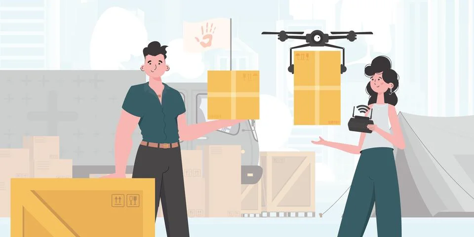The theme of humanitarian aid. The quadcopter is transporting the parcel. M.. Stock Illustration