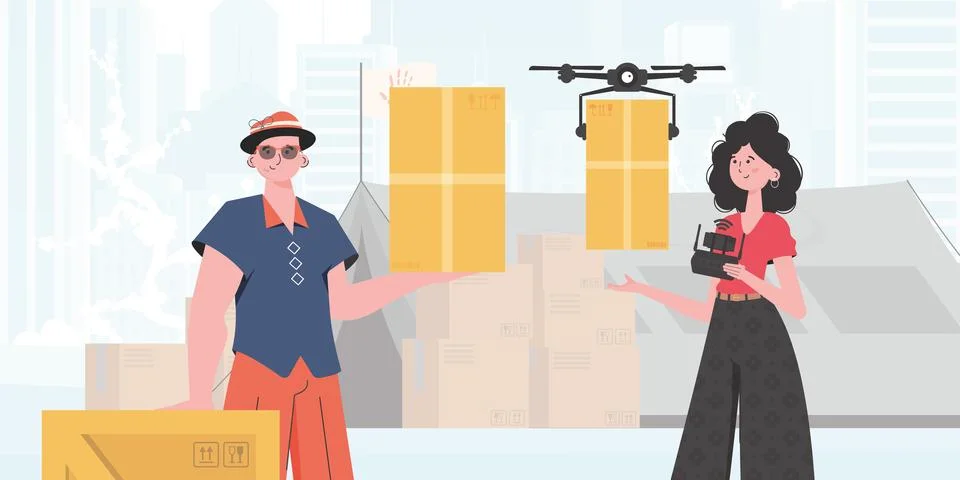 The theme of humanitarian aid. The quadcopter is transporting the parcel. M.. Stock Illustration