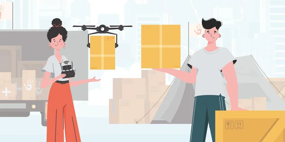 The theme of humanitarian aid. The quadcopter is transporting the parcel. M.. Stock Illustration