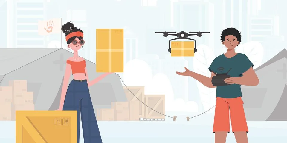 The theme of humanitarian aid. The quadcopter is transporting the parcel. M.. Stock Illustration