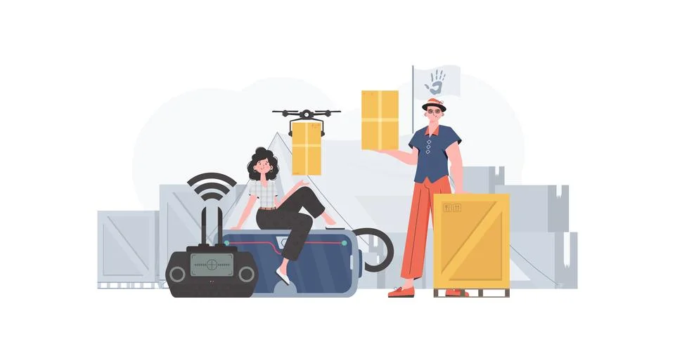The theme of humanitarian aid. The quadcopter is transporting the parcel. M.. Stock Illustration
