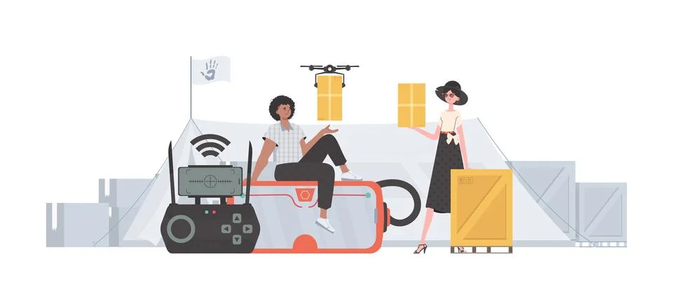 The theme of humanitarian aid. The quadcopter is transporting the parcel. M.. Stock Illustration