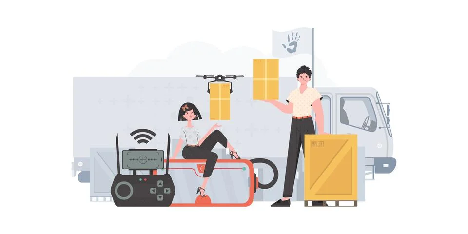 The theme of humanitarian aid. The quadcopter is transporting the parcel. M.. Stock Illustration