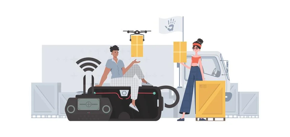 The theme of humanitarian aid. The quadcopter is transporting the parcel. Man イラスト素材