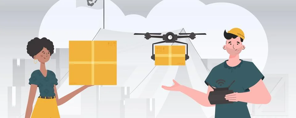 The theme of humanitarian aid. The quadcopter is transporting the parcel. Man Stock Illustration
