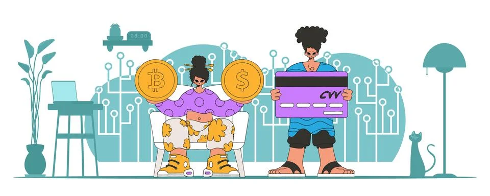 The theme of the management of interaction with digital monetary assets. Pe.. Stock Illustration