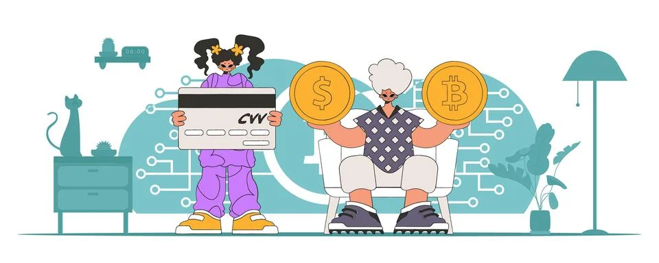 The theme of the management of interaction with digital monetary assets. Te.. Illustrazione stock