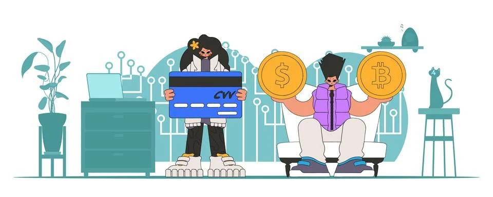 The theme of the management of interaction with digital monetary assets. A .. Stock Illustration