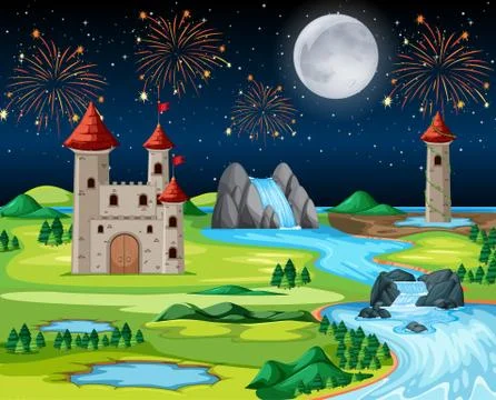 Theme night castle park with fire work and balloon landscape scene Ilustração Stock