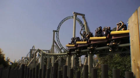 Theme Park Amusements - Looping Roller Coasters HD Stock Footage 7769577
