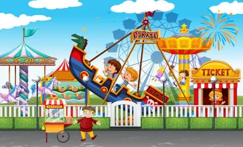 Theme park scene with many rides and happy children Ilustración de archivo