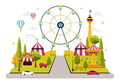 Theme Parks Vector Illustration featuring an Amusement Park with a Ferris w.. Stock Illustration