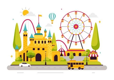 Theme Parks Vector Illustration featuring an Amusement Park with a Ferris w.. Stock Illustration