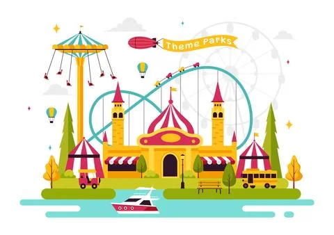 Theme Parks Vector Illustration featuring an Amusement Park with a Ferris w.. Stock Illustration