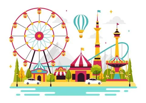 Theme Parks Vector Illustration featuring an Amusement Park with a Ferris w.. Stock Illustration