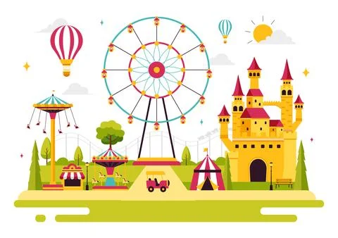 Theme Parks Vector Illustration featuring an Amusement Park with a Ferris w.. Stock Illustration