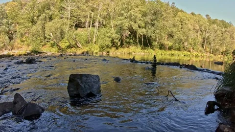 Theme river, river in mountain, margins with rocks, forest as background Stock Footage 99013894