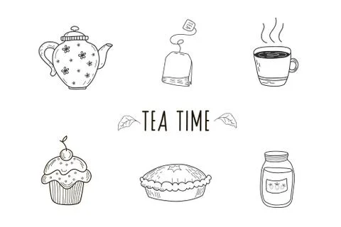 Theme of tea. A set of vector illustrations by hand in the style of a doodle. Stock Illustration