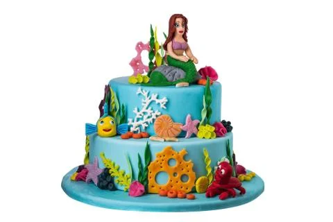 Themed cake on the sea of sugar paste, mermaid. Stock Photos