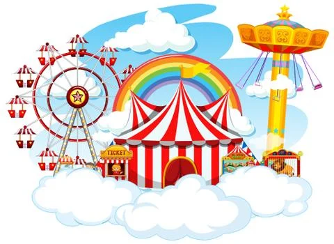 Themepark scene with many rides on clouds Stock Illustration