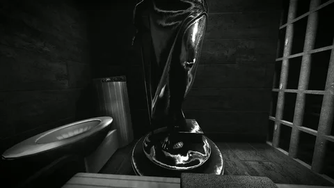 Themis with scale and sword in prison cell Stock Footage