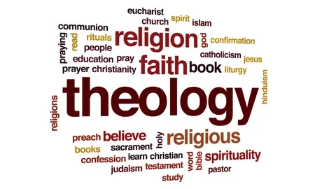 Theology animated word cloud, text design animation. Stock Footage