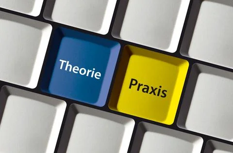 Theory or practice in German language Theorie oder Praxis on computer keyboard Stock Illustration