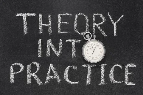 Theory into practice theory into practice phrase handwritten on chalkboard... 스톡 사진