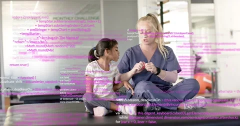Therapist pulling red ball and showing animated arrow finger motion as child Stock Footage 316563670