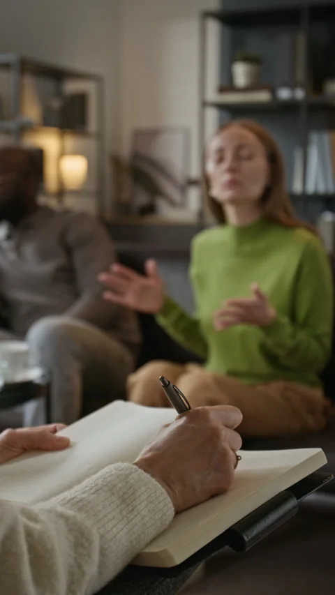 Therapist Taking Notes during Couples Therapy Session with Diverse Couple Stock Footage 337632569
