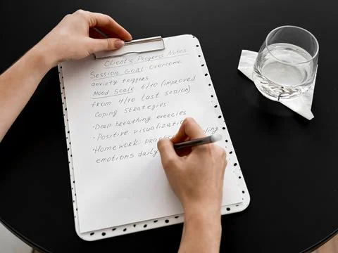 Therapist writing client progress notes on clipboard in contemporary setting Stock Photos