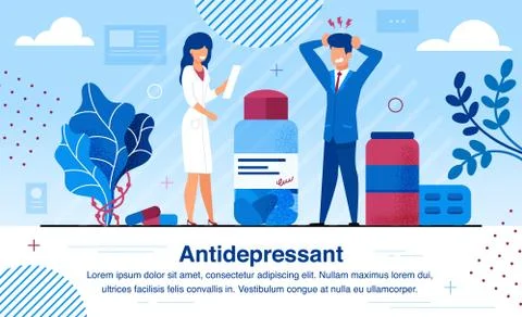 Therapy with Antidepressants Flat Vector Banner Stock Illustration