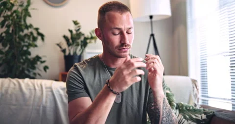 Therapy, hands and man with eft tapping in home for balance, mental health and Stock Footage 331506133