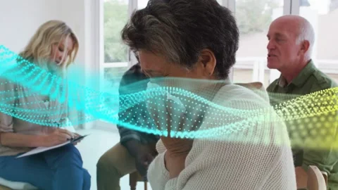 Therapy host speaking woman using tissues wiping tears seeking help, dotted wave Stock Footage 333803287
