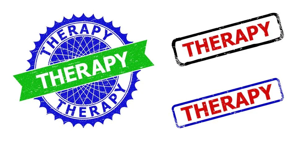THERAPY Rosette and Rectangle Bicolor Badges with Unclean Surfaces Stock Illustration