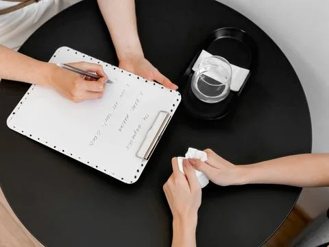 Therapy session with counselor taking notes and client holding tissues Stock Photos