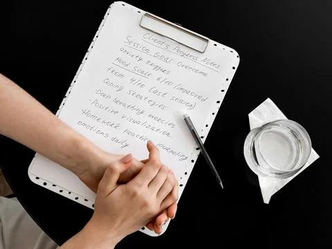 Therapy session notes on clipboard with hands and glass of water Stock-Fotos