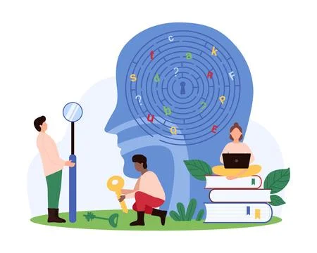 Therapy for speech pathology, tiny people search key for keyhole in puzzle Illustrazione stock