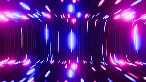 There is a 3D render of a neon light tunnel with glowing particles, which offers Ilustración de archivo