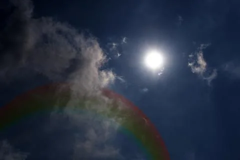 There are clouds and sky with rainbow as pastel background. Fantasy magical.. Illustrazione stock