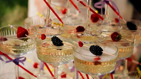 There are glasses of wine and cocktails at the buffet. Beautiful close-up shots Stock Footage 340652686