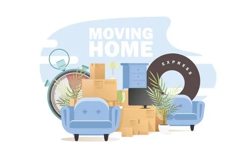There are a lot of boxes and other items. Concept of relocating. The style is Stock Illustration