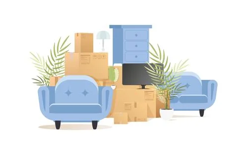 There are a lot of boxes and other items. Concept of relocating. On a white b Stock Illustration