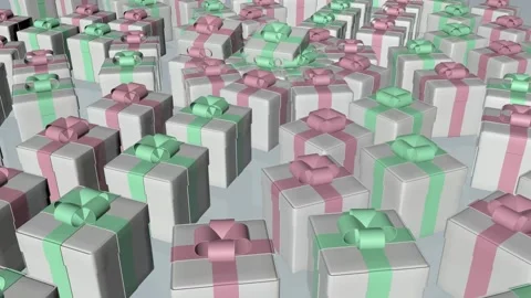 There are many gift boxes with pink and green bows. Stock Footage 198990721