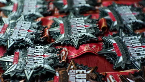 There are many medals on the table for rewarding athletes. Stock Footage 143555252