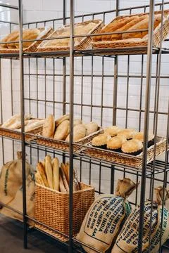 There are a storage of all bread products of the cafe or restaurant. Stock Photos