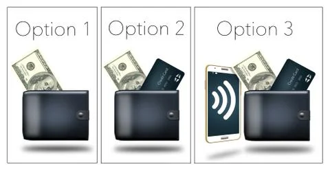 There are three options for paying that you can carry with you...cash, credit Stock Illustration