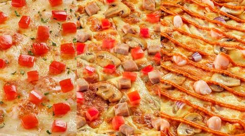There are three types of pizza. Macro details of ingredients. Italian food co Stock Photos