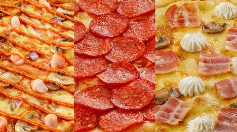 There are three types of pizza. Macro details of ingredients. Italian food co Stock Photos