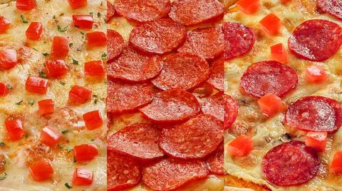 There are three types of pizza. Macro details of ingredients. Italian food co Stock Photos